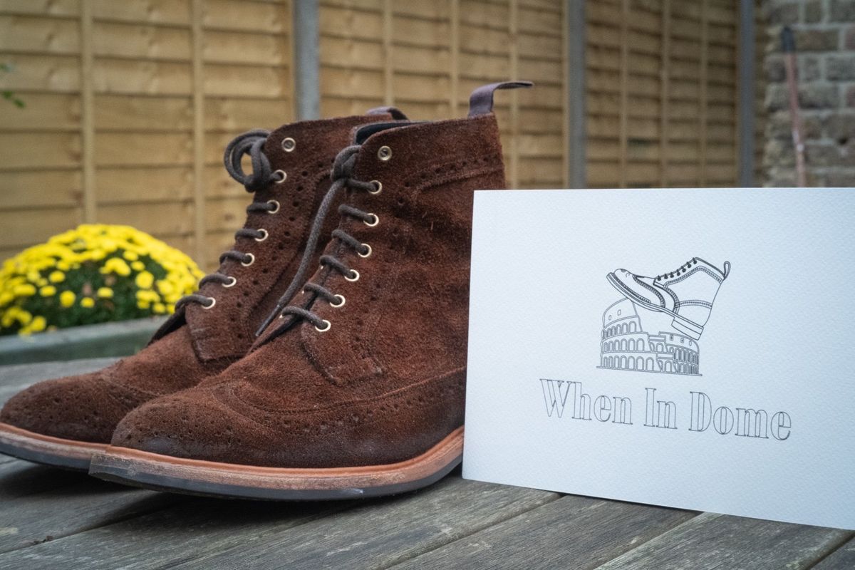 Photo by claus on November 3, 2024 of the Tricker's Simon Longwing Brogue Boot in C.F. Stead Ridge Waxed Reverse Suede.