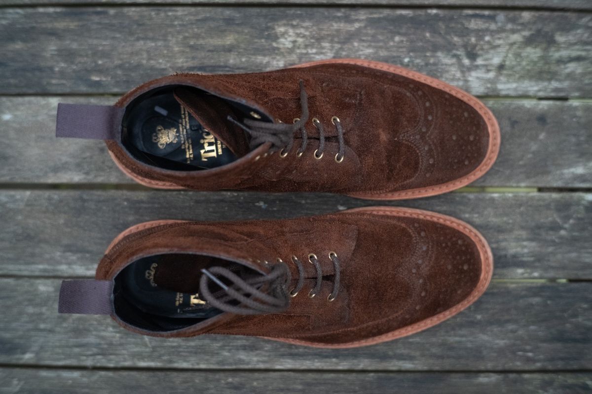 Photo by claus on November 3, 2024 of the Tricker's Simon Longwing Brogue Boot in C.F. Stead Ridge Waxed Reverse Suede.
