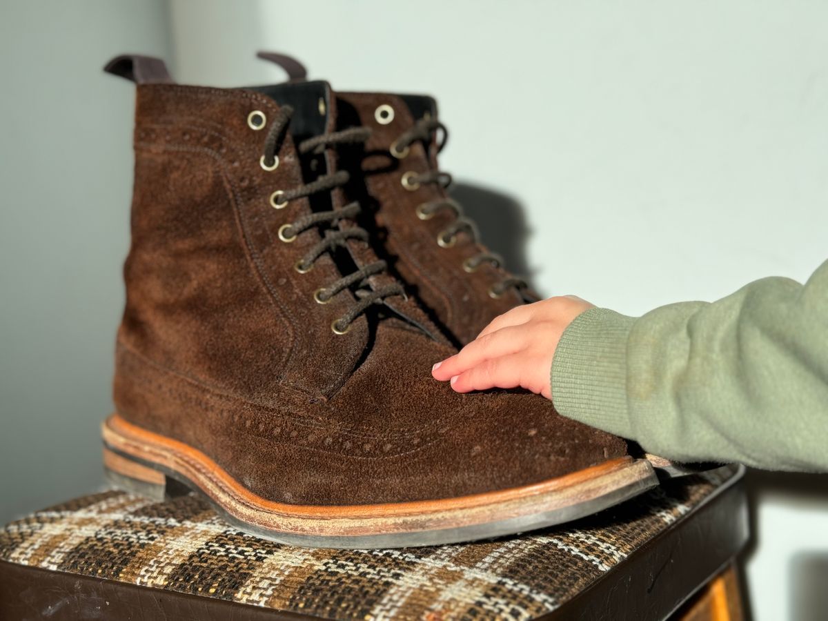 Photo by claus on November 17, 2024 of the Tricker's Simon Longwing Brogue Boot in C.F. Stead Ridge Waxed Reverse Suede.
