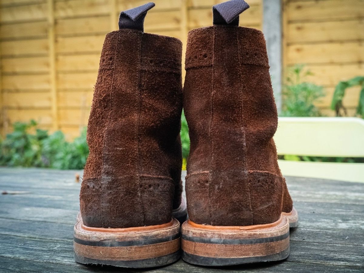 Photo by claus on December 1, 2024 of the Tricker's Simon Longwing Brogue Boot in C.F. Stead Ridge Waxed Reverse Suede.