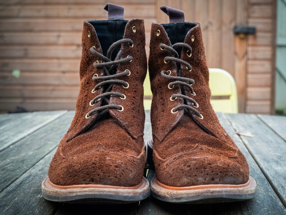 Photo by claus on December 1, 2024 of the Tricker's Simon Longwing Brogue Boot in C.F. Stead Ridge Waxed Reverse Suede.