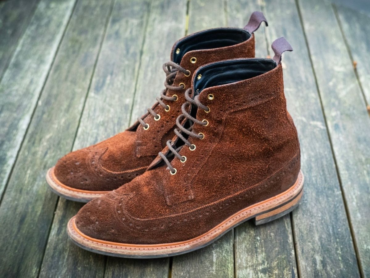 Photo by claus on December 1, 2024 of the Tricker's Simon Longwing Brogue Boot in C.F. Stead Ridge Waxed Reverse Suede.