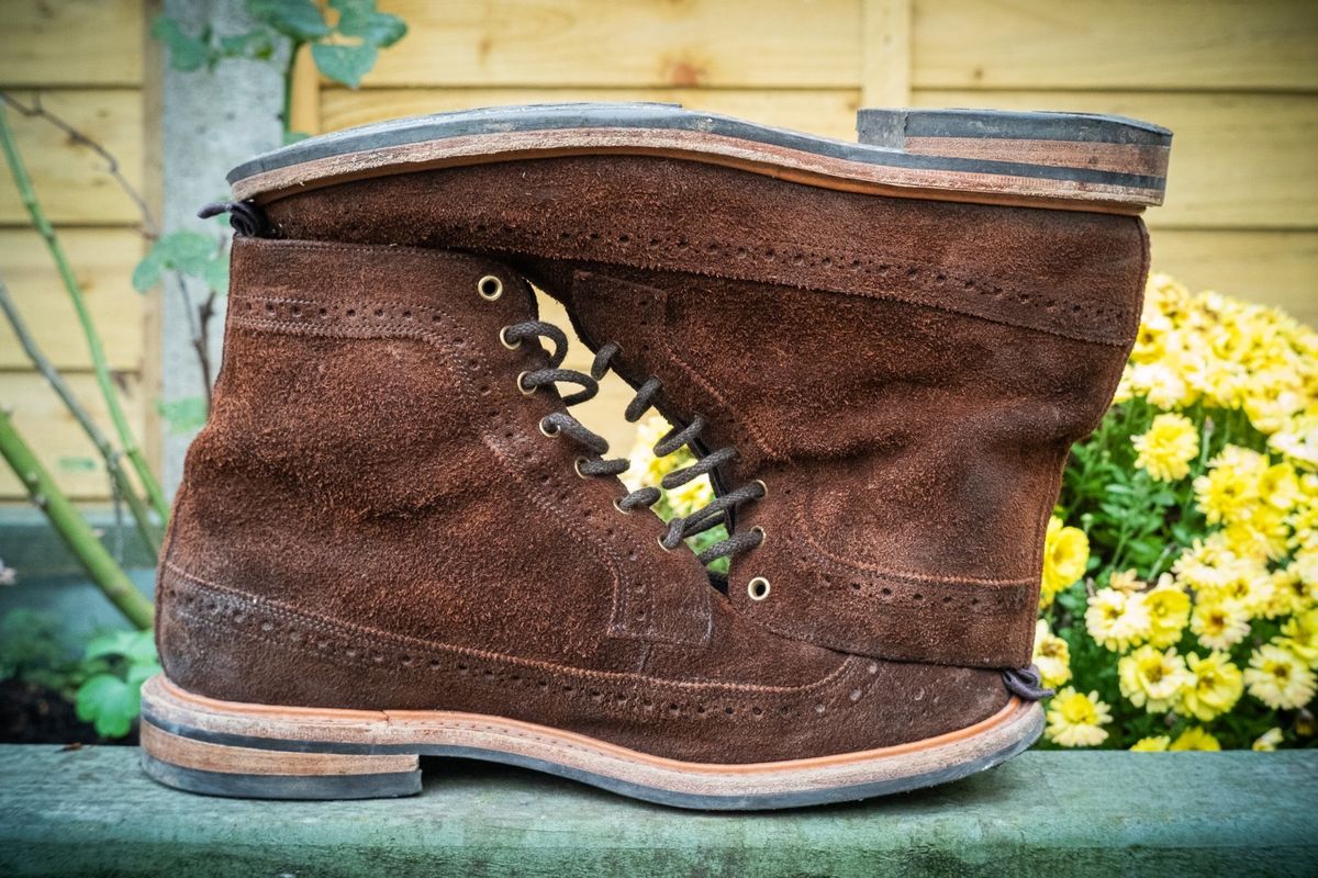 Photo by claus on December 1, 2024 of the Tricker's Simon Longwing Brogue Boot in C.F. Stead Ridge Waxed Reverse Suede.
