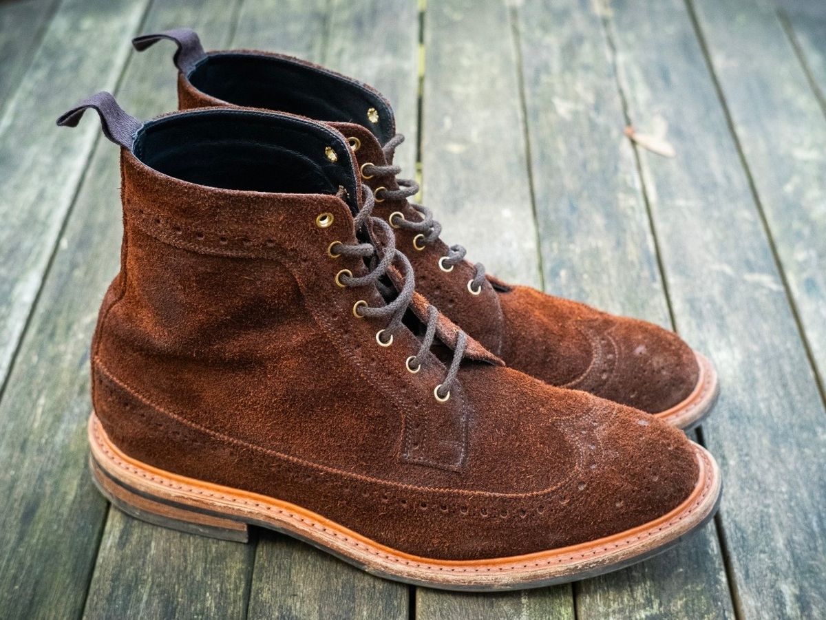 Photo by claus on December 1, 2024 of the Tricker's Simon Longwing Brogue Boot in C.F. Stead Ridge Waxed Reverse Suede.
