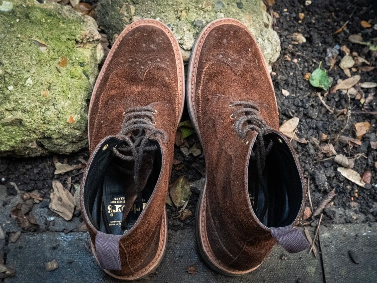 Photo by claus on December 1, 2024 of the Tricker's Simon Longwing Brogue Boot in C.F. Stead Ridge Waxed Reverse Suede.