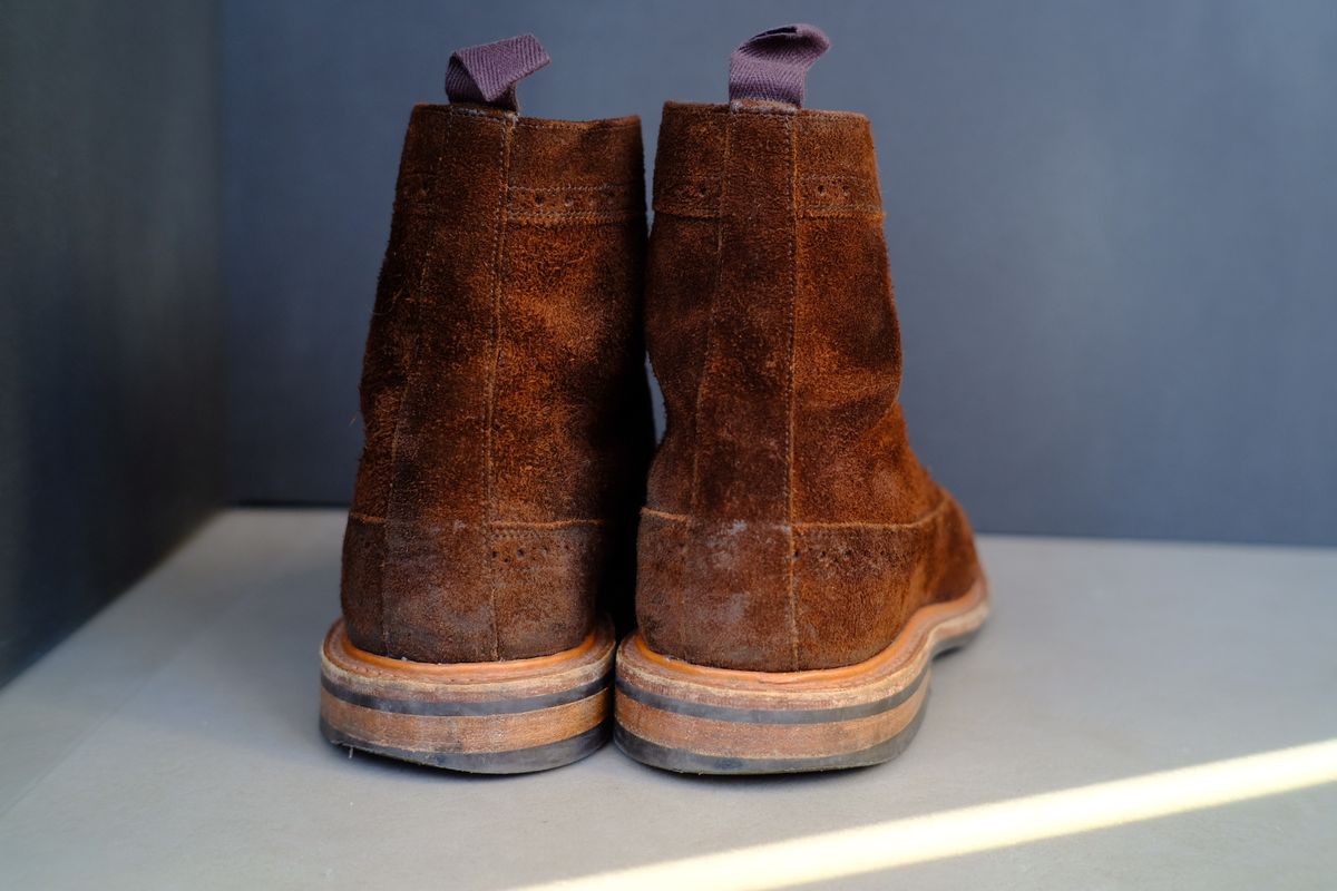 Photo by claus on January 3, 2025 of the Tricker's Simon Longwing Brogue Boot in C.F. Stead Ridge Waxed Reverse Suede.