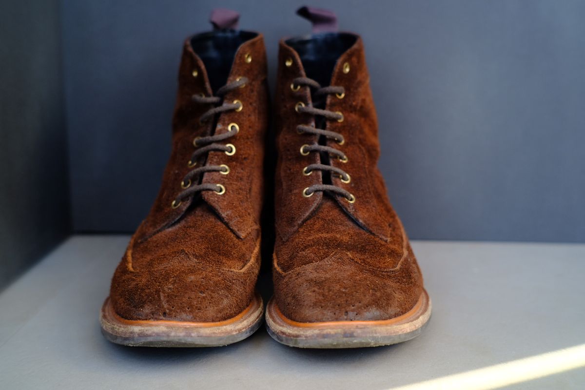 Photo by claus on January 3, 2025 of the Tricker's Simon Longwing Brogue Boot in C.F. Stead Ridge Waxed Reverse Suede.