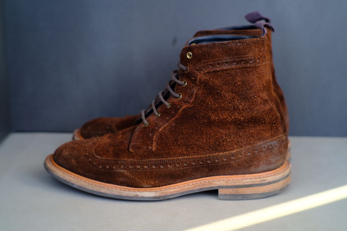 Photo by claus on January 3, 2025 of the Tricker's Simon Longwing Brogue Boot in C.F. Stead Ridge Waxed Reverse Suede.