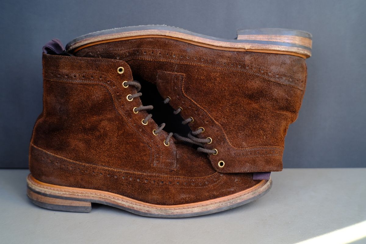 Photo by claus on January 3, 2025 of the Tricker's Simon Longwing Brogue Boot in C.F. Stead Ridge Waxed Reverse Suede.