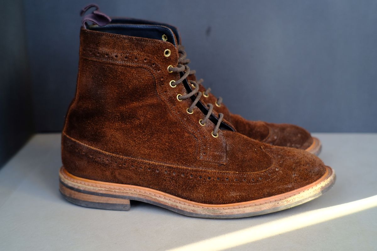 Photo by claus on January 3, 2025 of the Tricker's Simon Longwing Brogue Boot in C.F. Stead Ridge Waxed Reverse Suede.
