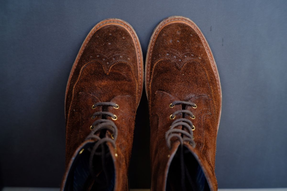 Photo by claus on January 3, 2025 of the Tricker's Simon Longwing Brogue Boot in C.F. Stead Ridge Waxed Reverse Suede.