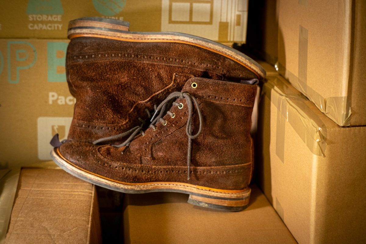 Photo by claus on February 1, 2025 of the Tricker's Simon Longwing Brogue Boot in C.F. Stead Ridge Waxed Reverse Suede.