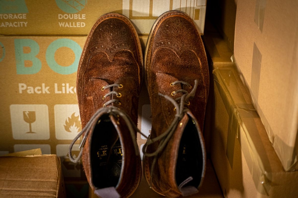 Photo by claus on February 1, 2025 of the Tricker's Simon Longwing Brogue Boot in C.F. Stead Ridge Waxed Reverse Suede.