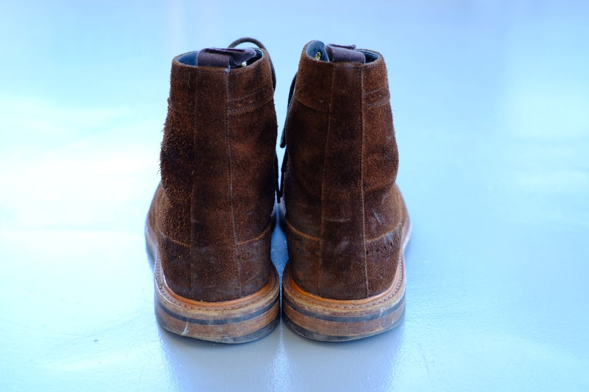 Photo by claus on March 4, 2025 of the Tricker's Simon Longwing Brogue Boot in C.F. Stead Ridge Waxed Reverse Suede.