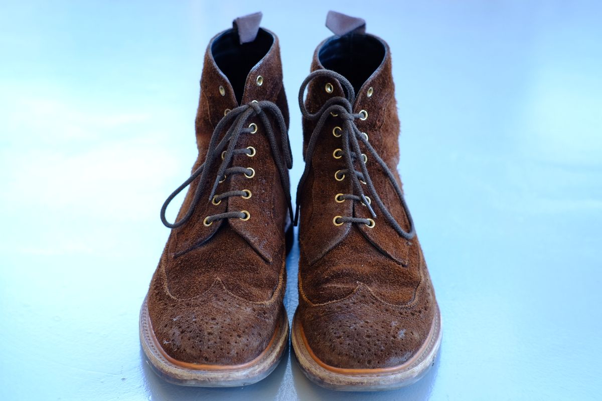 Photo by claus on March 4, 2025 of the Tricker's Simon Longwing Brogue Boot in C.F. Stead Ridge Waxed Reverse Suede.