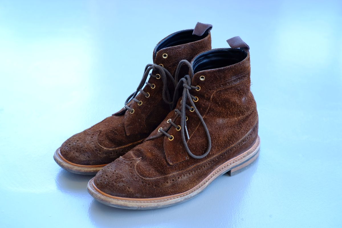 Photo by claus on March 4, 2025 of the Tricker's Simon Longwing Brogue Boot in C.F. Stead Ridge Waxed Reverse Suede.