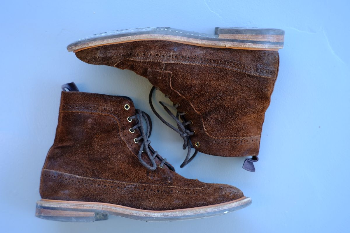 Photo by claus on March 4, 2025 of the Tricker's Simon Longwing Brogue Boot in C.F. Stead Ridge Waxed Reverse Suede.