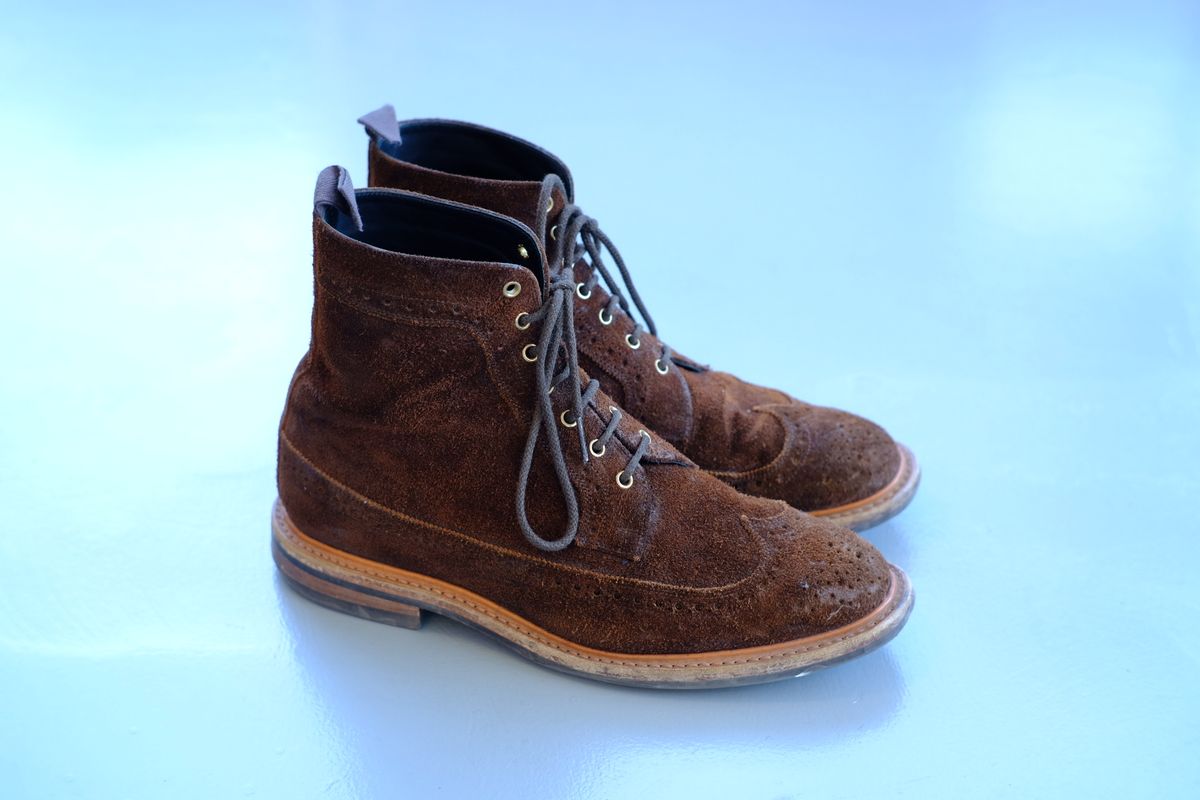 Photo by claus on March 4, 2025 of the Tricker's Simon Longwing Brogue Boot in C.F. Stead Ridge Waxed Reverse Suede.