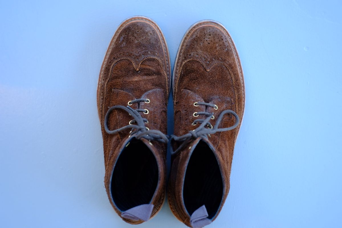 Photo by claus on March 4, 2025 of the Tricker's Simon Longwing Brogue Boot in C.F. Stead Ridge Waxed Reverse Suede.
