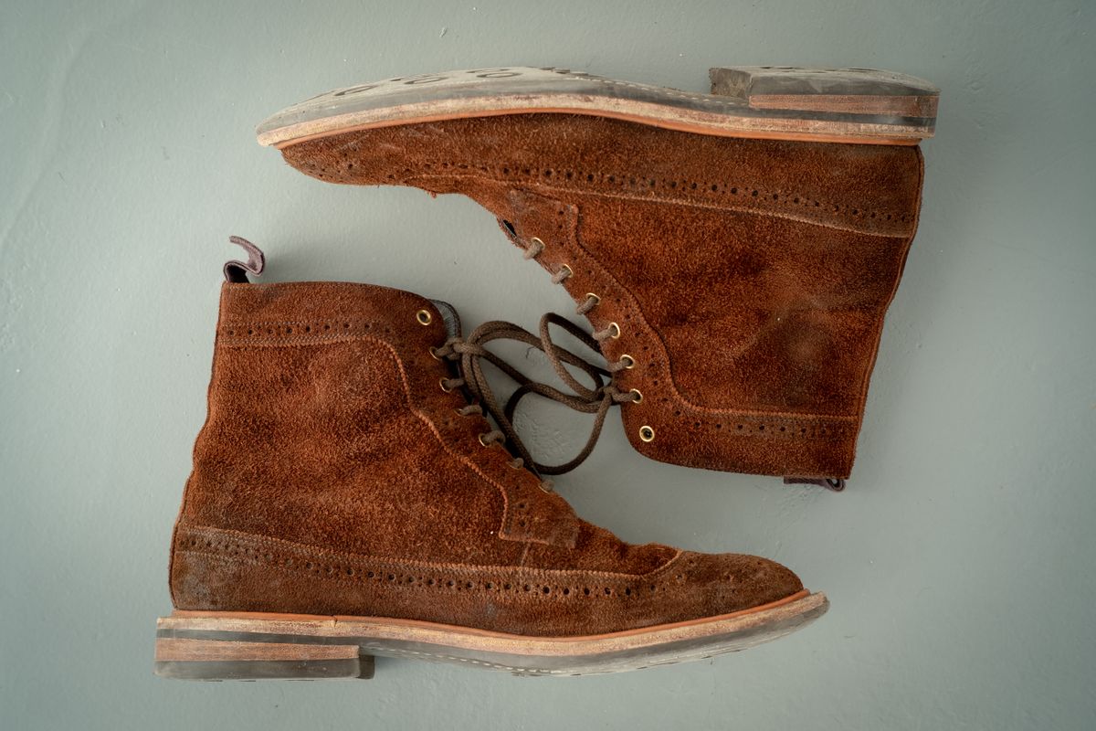 Photo by claus on March 21, 2025 of the Tricker's Simon Longwing Brogue Boot in C.F. Stead Ridge Waxed Reverse Suede.
