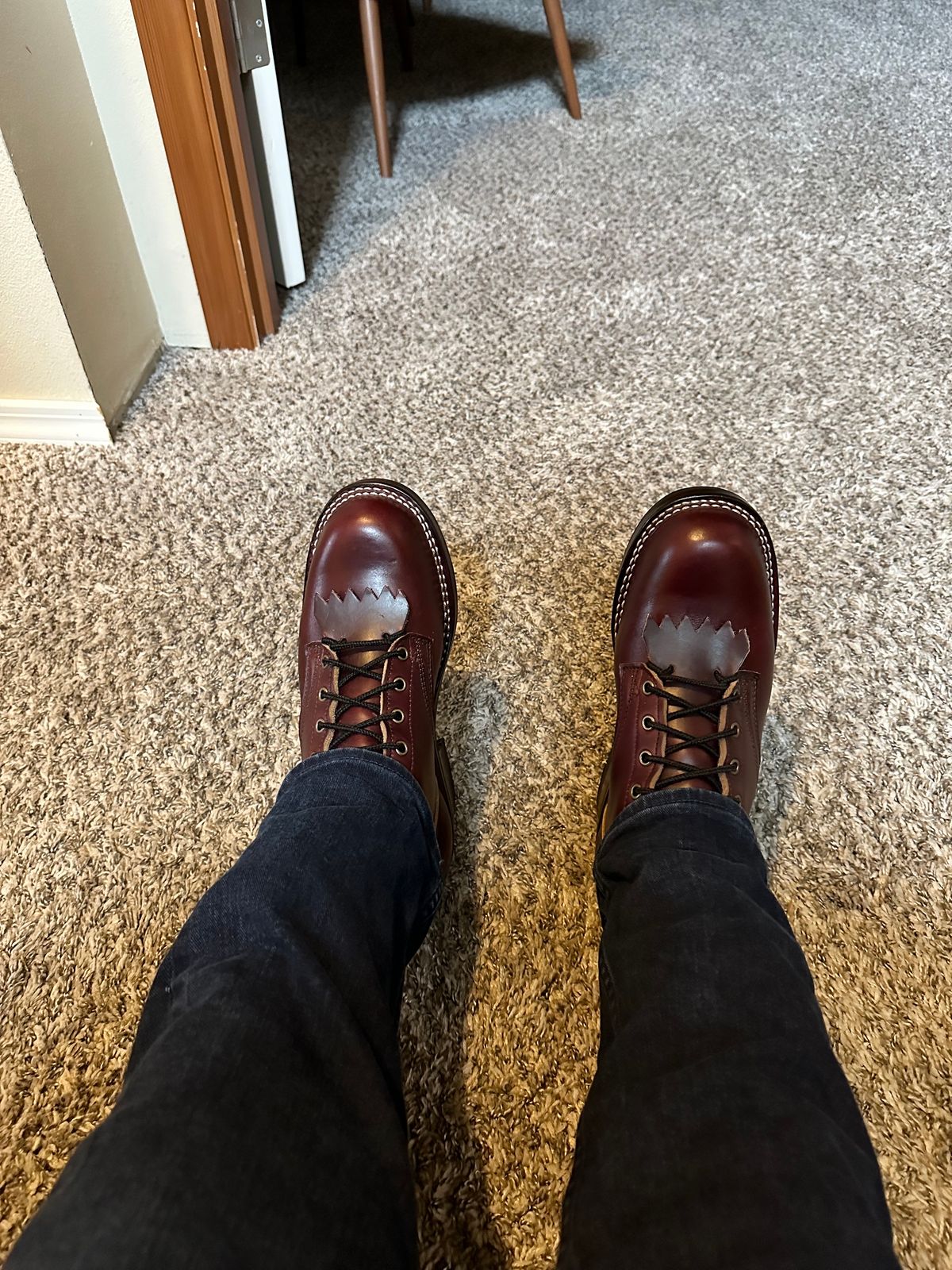 Photo by PNW_boot_dad1792 on June 17, 2023 of the Frank's Boots Wilshire in Horween Burgundy Chromexcel.