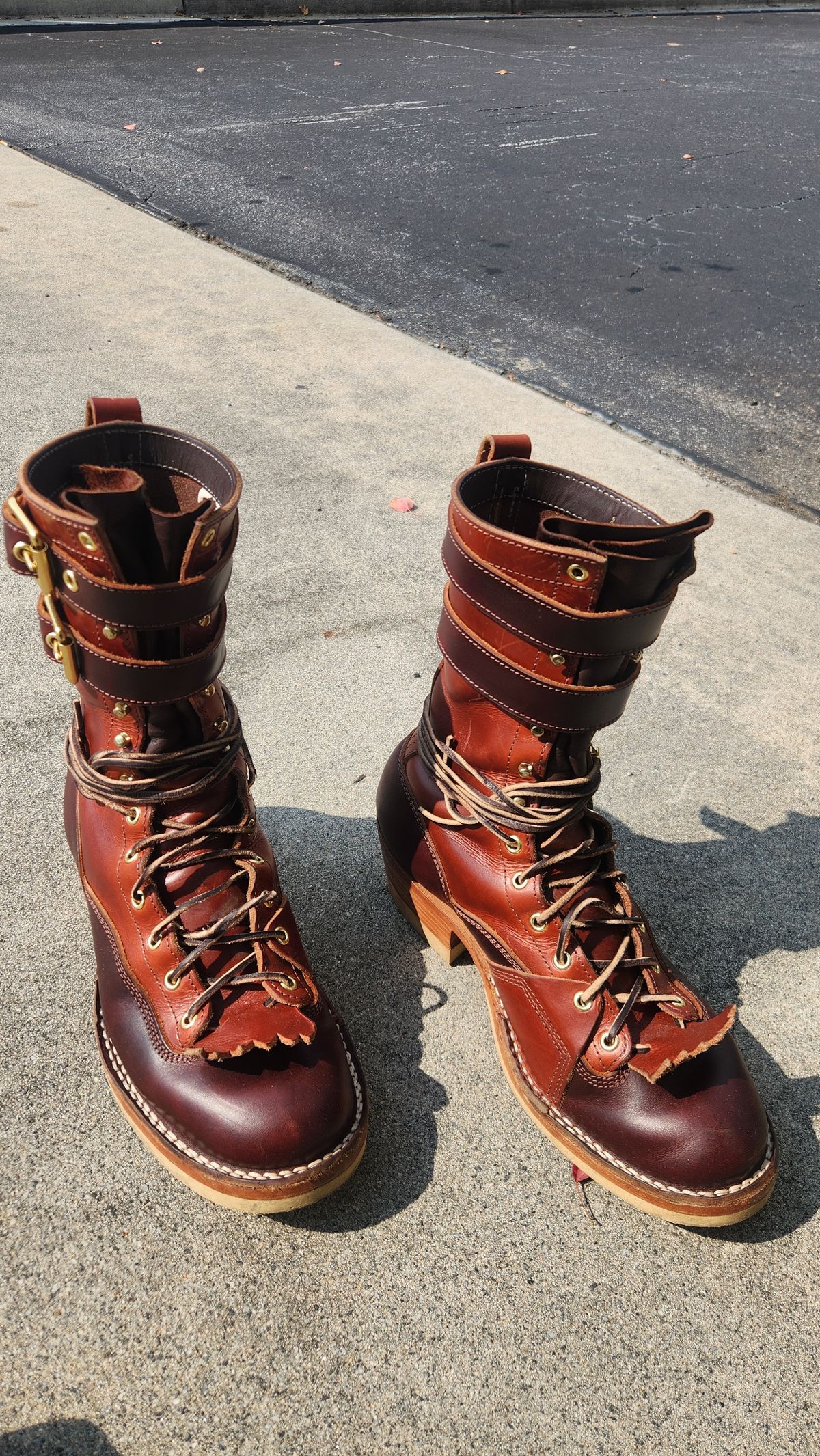 Photo by Hayduke on September 5, 2025 of the Frank's Boots Type 2 Highlander in Wickett & Craig Tan Oiled Latigo & Wickett & Craig Chestnut Oiled Latigo.