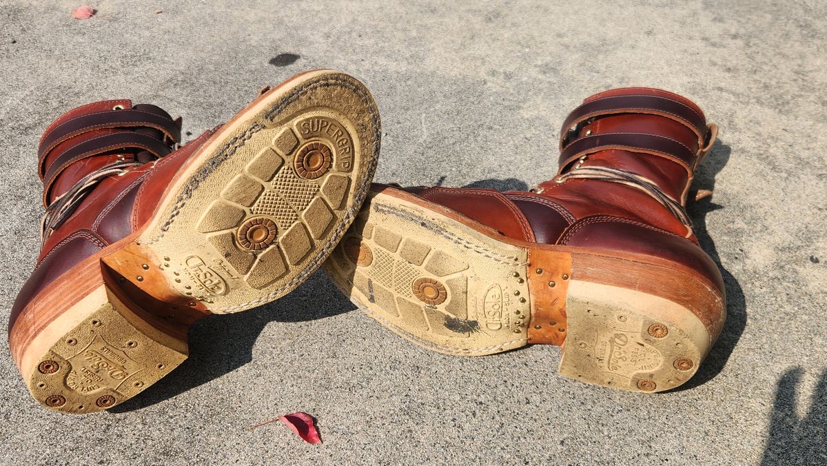 Photo by Hayduke on September 5, 2025 of the Frank's Boots Type 2 Highlander in Wickett & Craig Tan Oiled Latigo & Wickett & Craig Chestnut Oiled Latigo.