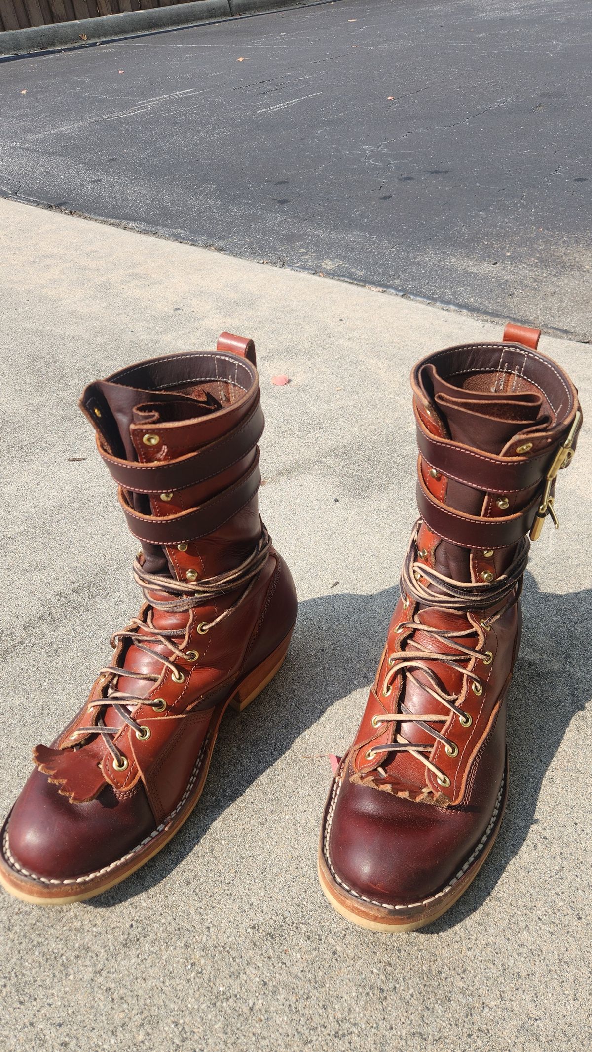 Photo by Hayduke on September 5, 2025 of the Frank's Boots Type 2 Highlander in Wickett & Craig Tan Oiled Latigo & Wickett & Craig Chestnut Oiled Latigo.
