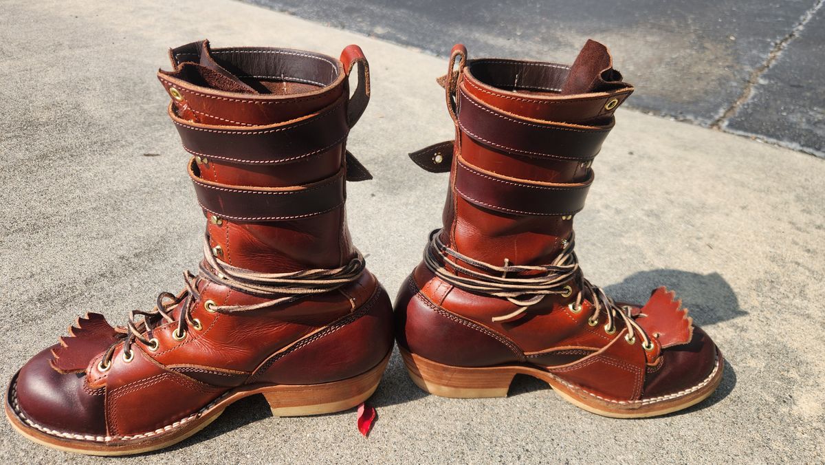 Photo by Hayduke on September 5, 2025 of the Frank's Boots Type 2 Highlander in Wickett & Craig Tan Oiled Latigo & Wickett & Craig Chestnut Oiled Latigo.