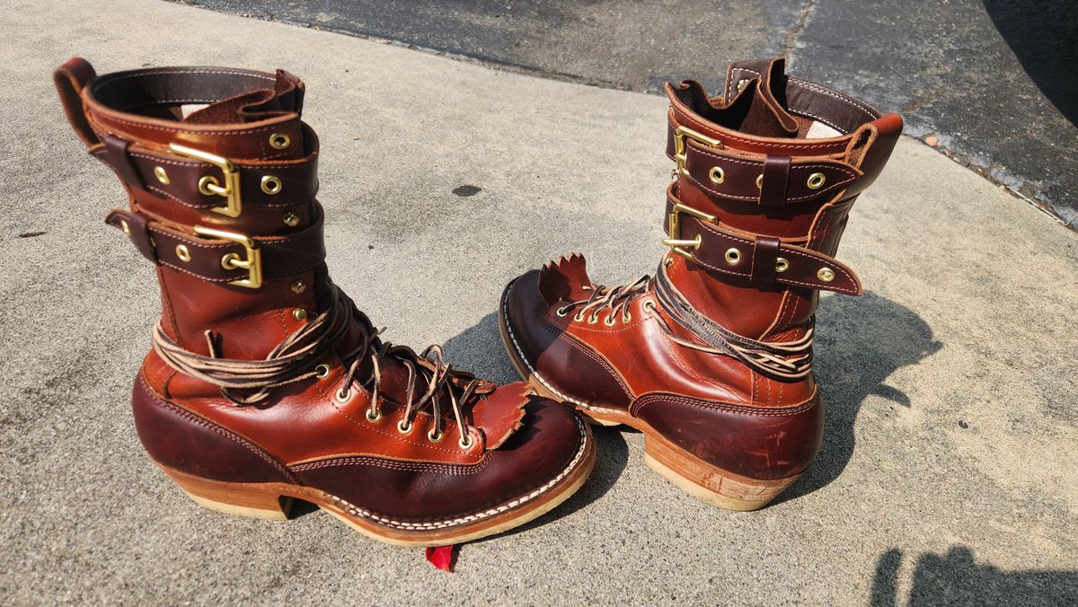 Photo by Hayduke on September 5, 2025 of the Frank's Boots Type 2 Highlander in Wickett & Craig Tan Oiled Latigo & Wickett & Craig Chestnut Oiled Latigo.