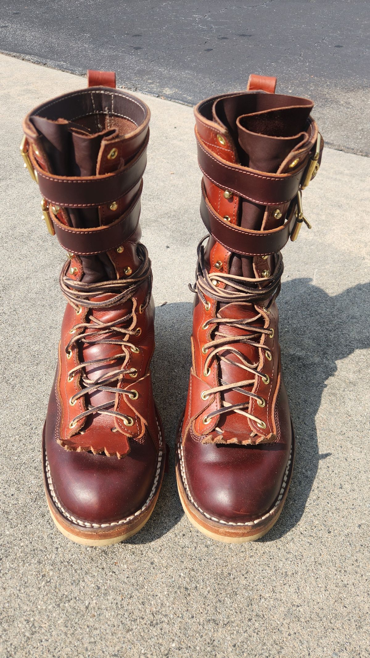 Photo by Hayduke on September 5, 2025 of the Frank's Boots Type 2 Highlander in Wickett & Craig Tan Oiled Latigo & Wickett & Craig Chestnut Oiled Latigo.
