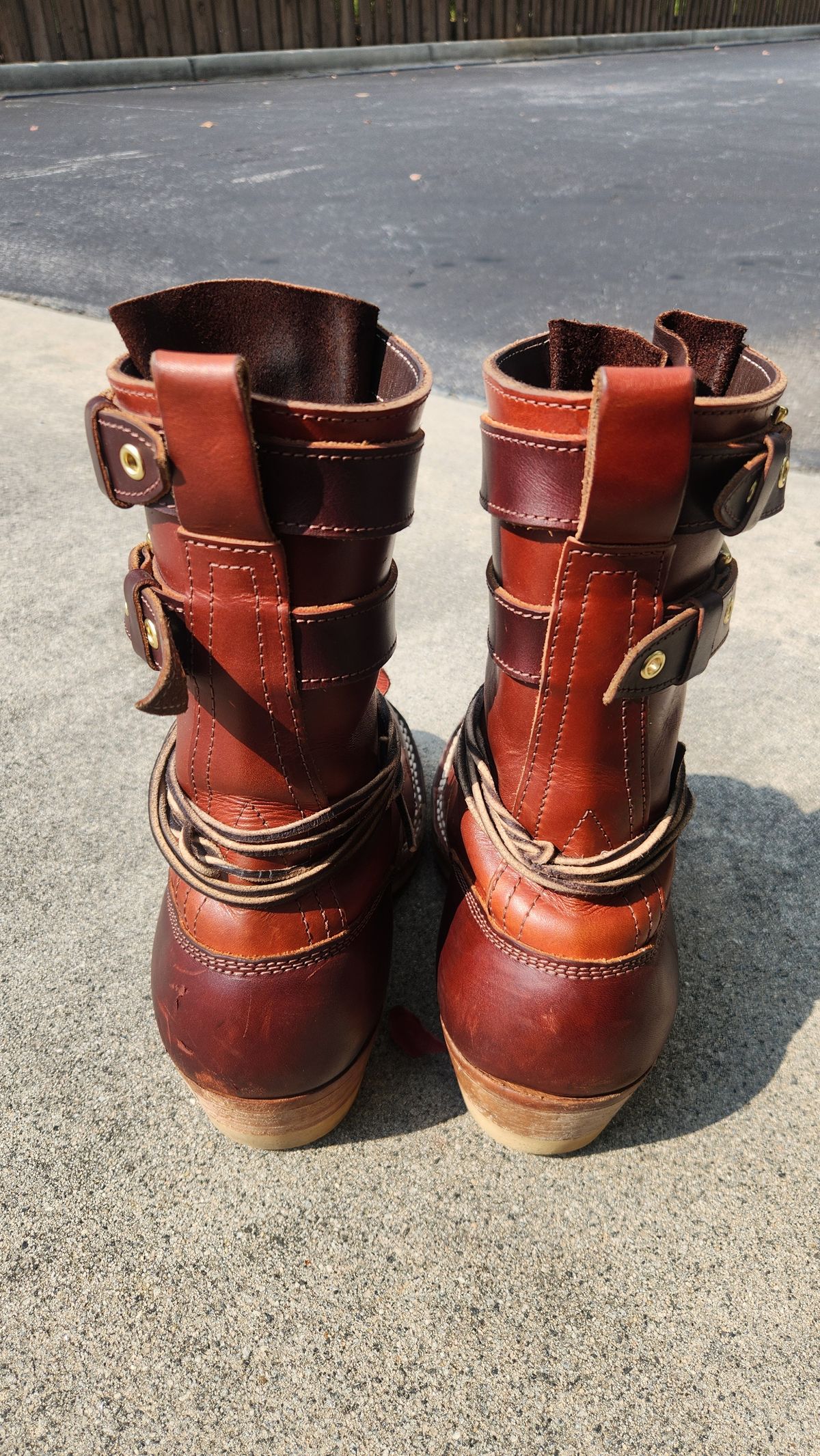 Photo by Hayduke on September 5, 2025 of the Frank's Boots Type 2 Highlander in Wickett & Craig Tan Oiled Latigo & Wickett & Craig Chestnut Oiled Latigo.