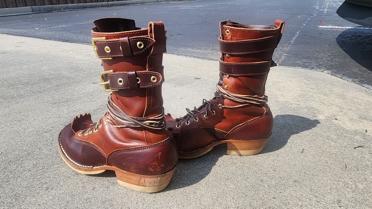 Photo by Hayduke on September 5, 2025 of the Frank's Boots Type 2 Highlander in Wickett & Craig Tan Oiled Latigo & Wickett & Craig Chestnut Oiled Latigo.