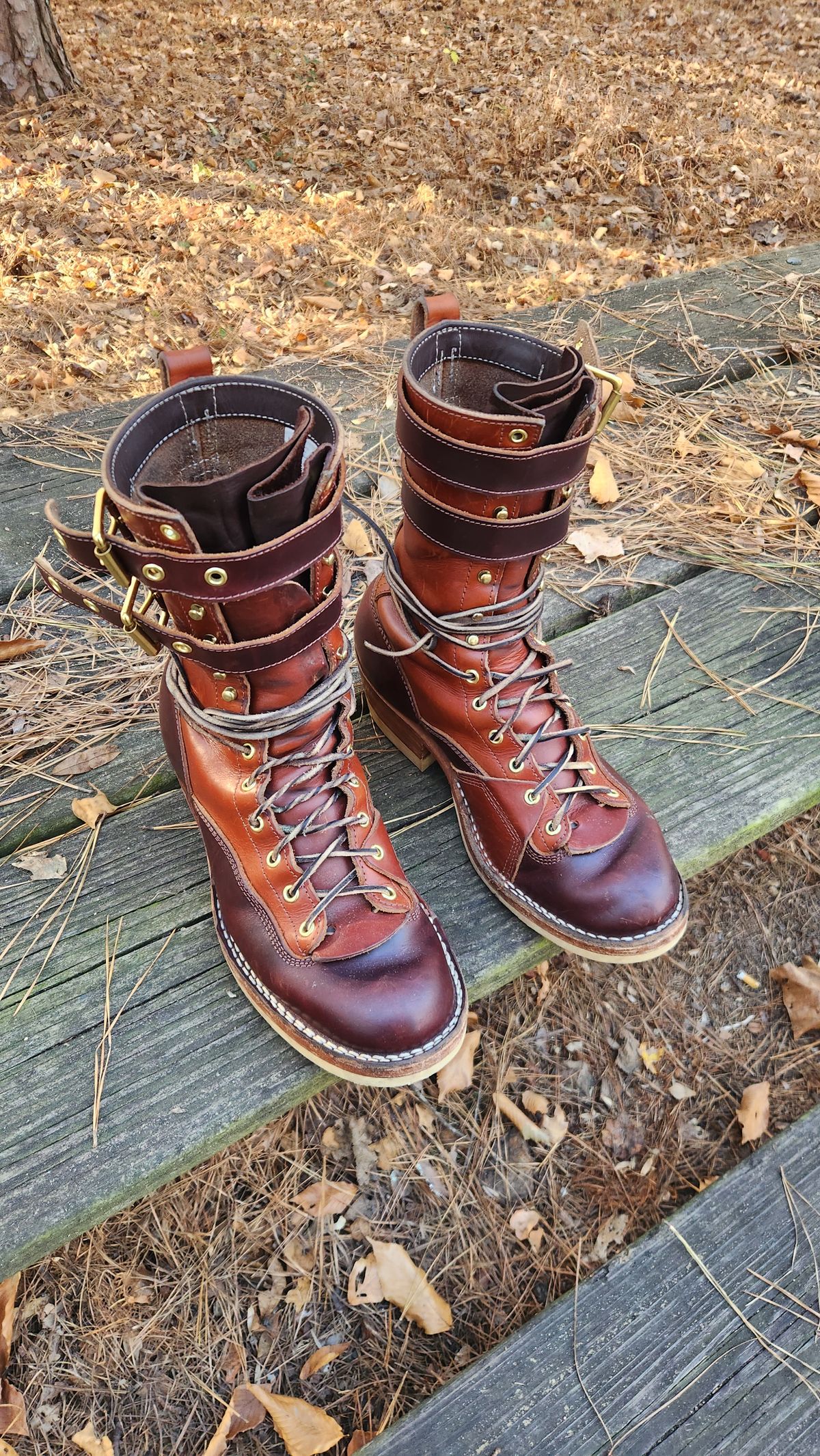 Photo by Hayduke on November 18, 2025 of the Frank's Boots Type 2 Highlander in Wickett & Craig Tan Oiled Latigo & Wickett & Craig Chestnut Oiled Latigo.
