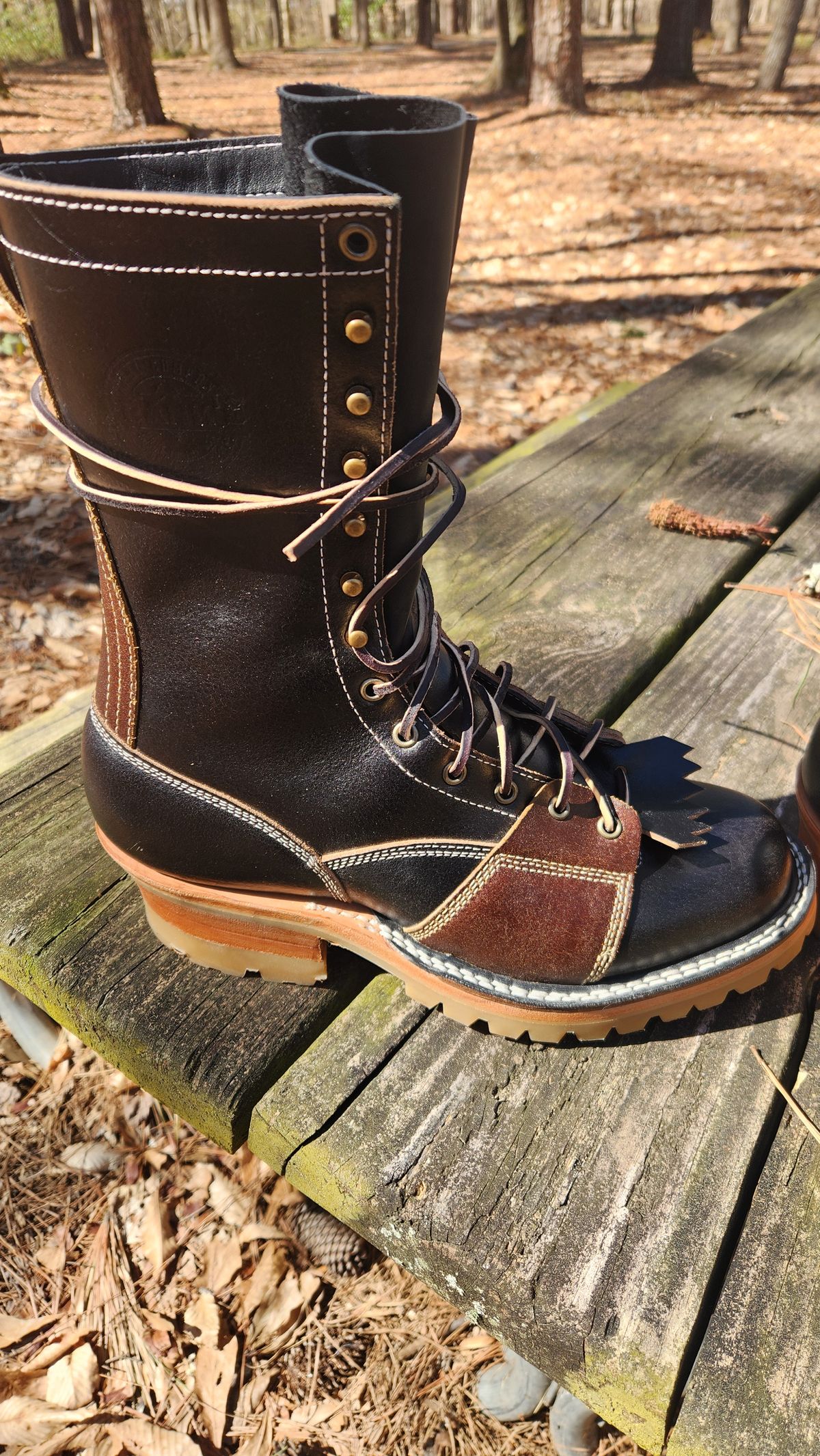 Photo by Hayduke on March 11, 2025 of the Frank's Boots Type 2 Highlander in Horween Black Waxed Flesh & Horween Cinnamon Waxed Flesh.