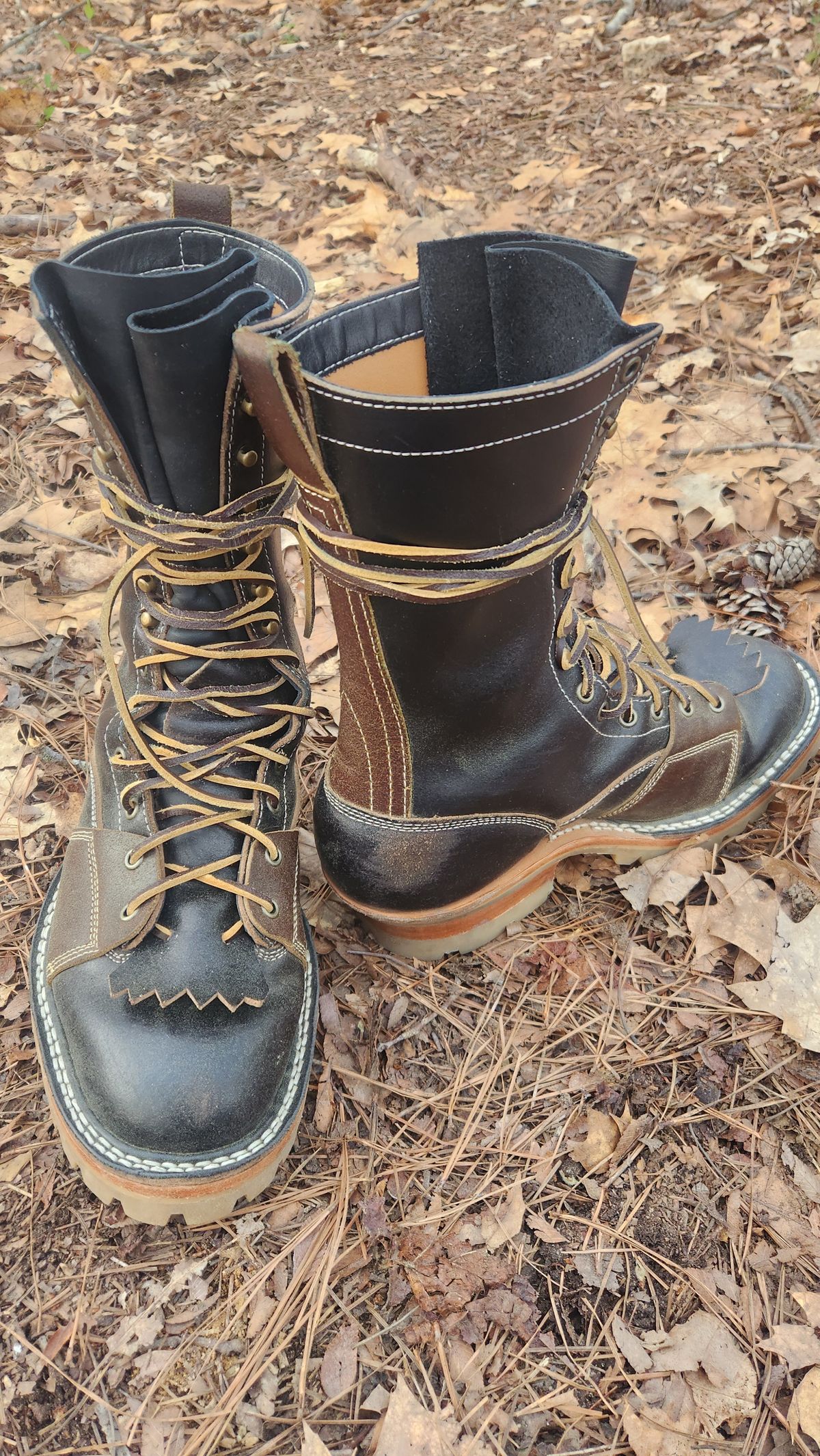 Photo by Hayduke on March 24, 2025 of the Frank's Boots Type 2 Highlander in Horween Black Waxed Flesh & Horween Cinnamon Waxed Flesh.