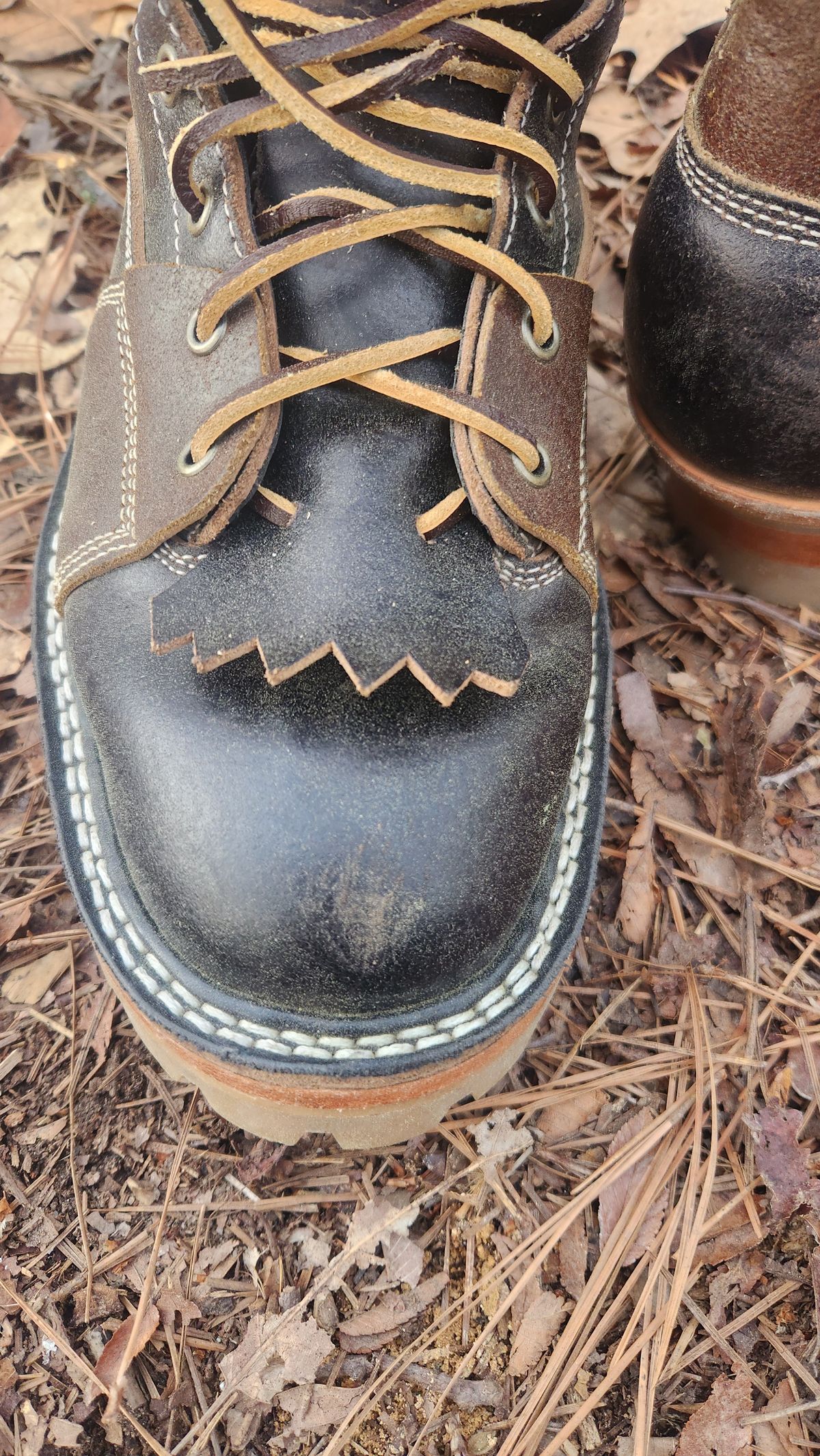 Photo by Hayduke on March 24, 2025 of the Frank's Boots Type 2 Highlander in Horween Black Waxed Flesh & Horween Cinnamon Waxed Flesh.