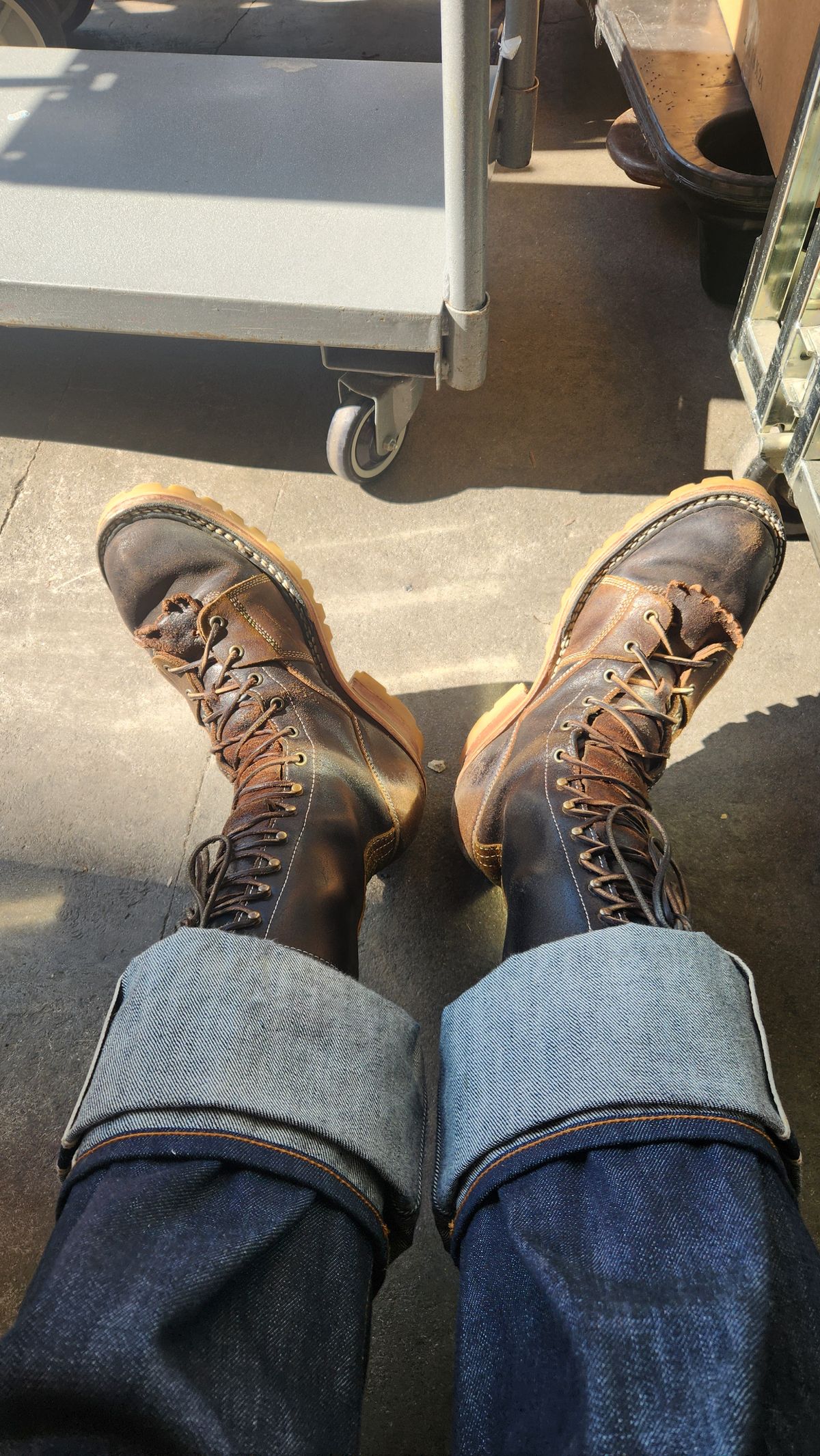 Photo by Hayduke on October 17, 2025 of the Frank's Boots Type 2 Highlander in Horween Black Waxed Flesh & Horween Cinnamon Waxed Flesh.