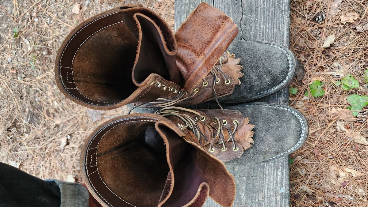 Photo by Hayduke on September 30, 2025 of the Frank's Boots The Patriot in Seidel Walnut Oil Tan & Black Roughout Work Leather.