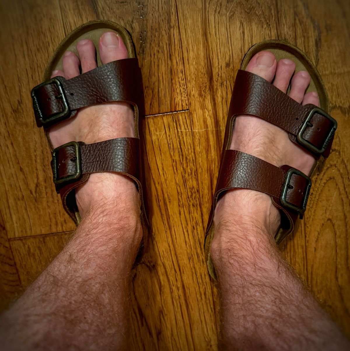 Photo by BootScootBougie on March 12, 2026 of the Birkenstock Arizona Wire Buckle in Vintage Wood Roast Premium Aniline Leather.