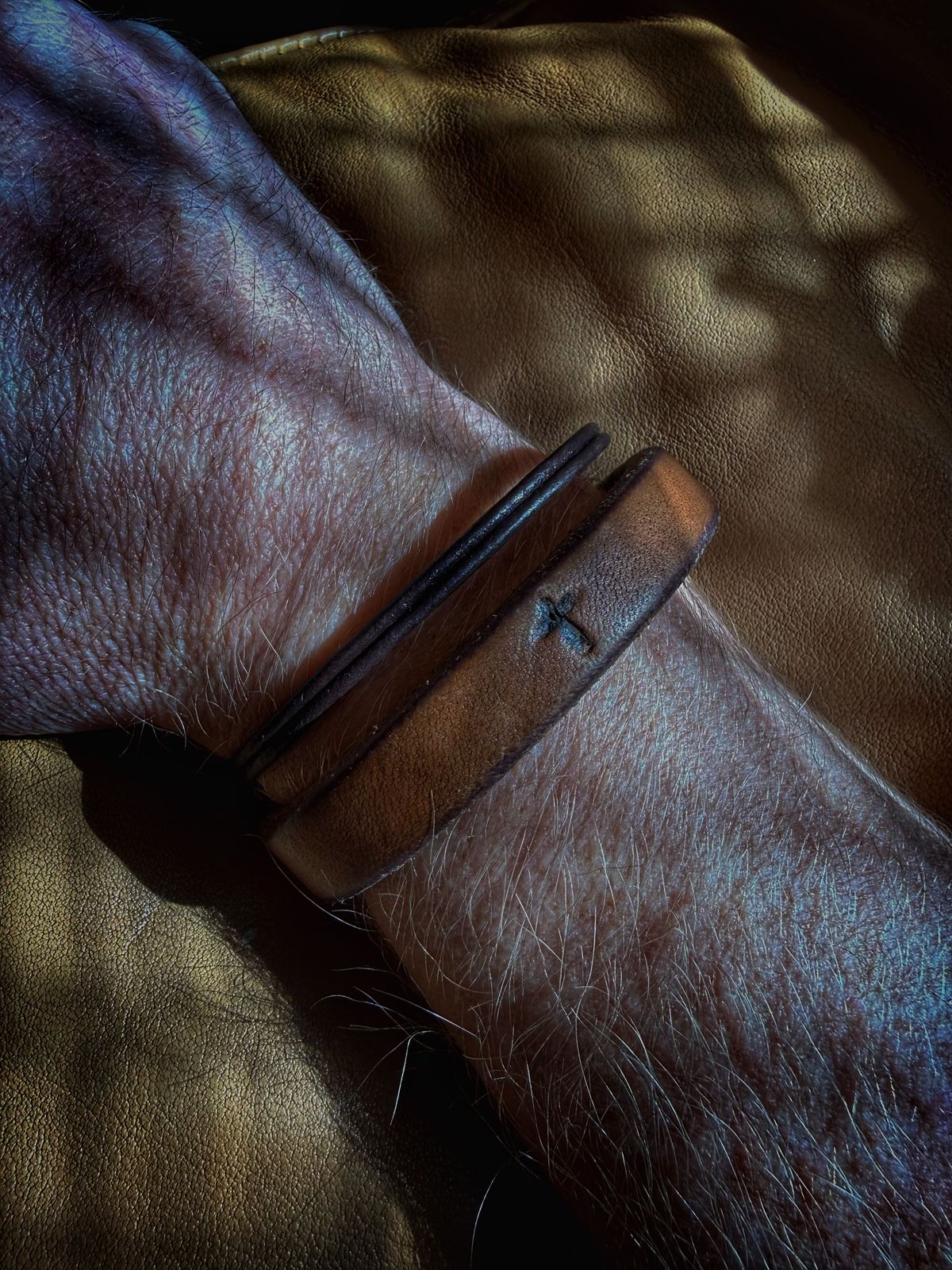 Photo by BootScootBougie on February 2, 2026 of the Pigeon Tree Natural J&FJ Oak Bark Tanned Cuff in J&FJ Baker Natural Oak Bark Tanned Harness.