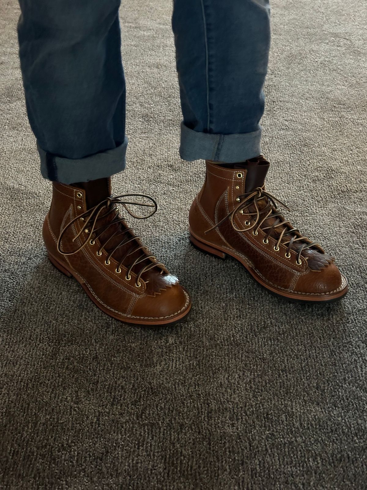 Photo by ds on January 27, 2025 of the Frank's Boots Monkey Boot in Law Tanning Cognac Big Horn Shrunken Bison.