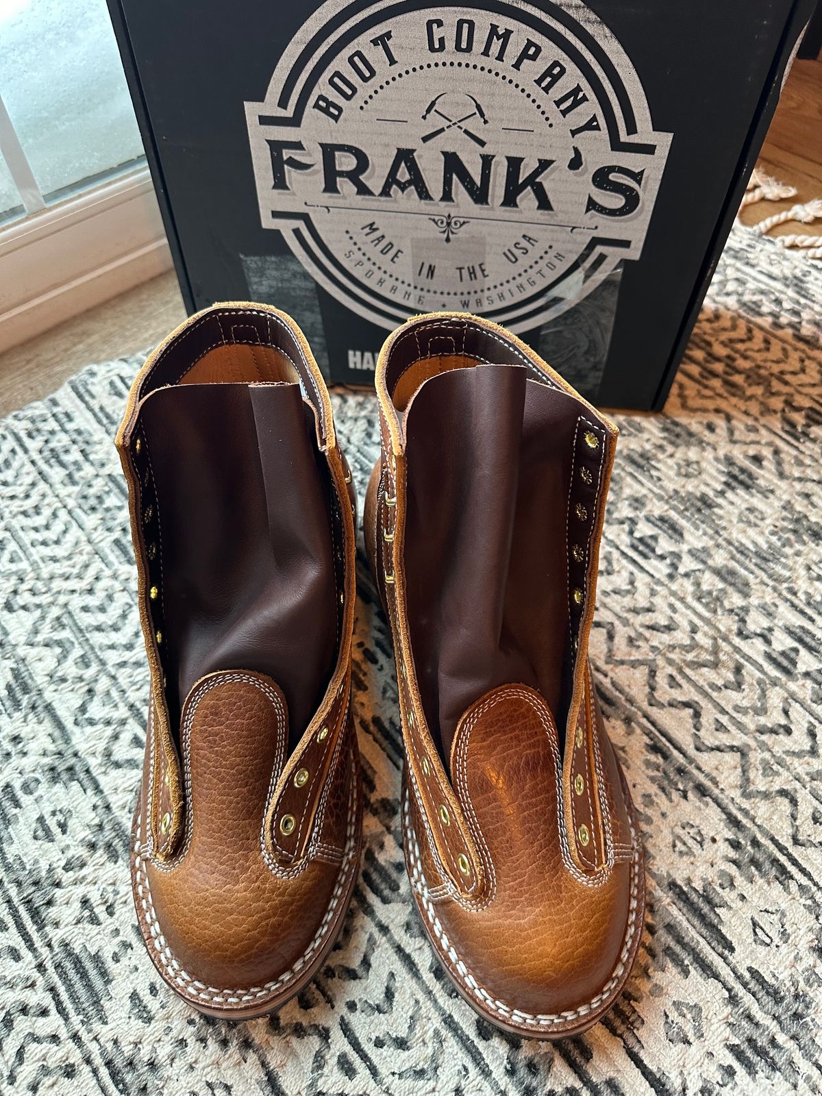 Photo by ds on January 27, 2025 of the Frank's Boots Monkey Boot in Law Tanning Cognac Big Horn Shrunken Bison.