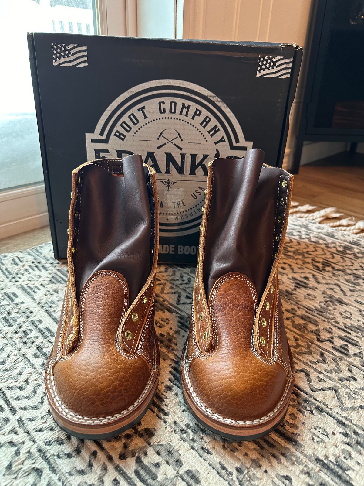 Photo by ds on January 27, 2025 of the Frank's Boots Monkey Boot in Law Tanning Cognac Big Horn Shrunken Bison.