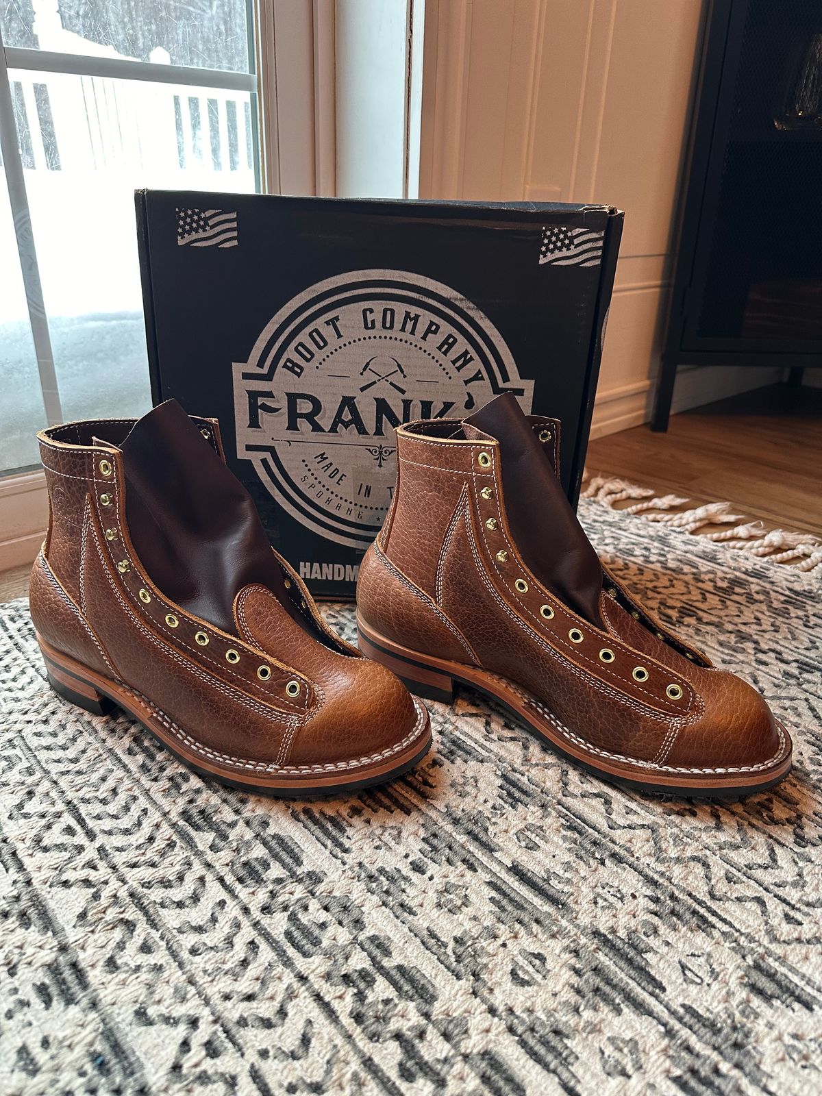 Photo by ds on January 27, 2025 of the Frank's Boots Monkey Boot in Law Tanning Cognac Big Horn Shrunken Bison.