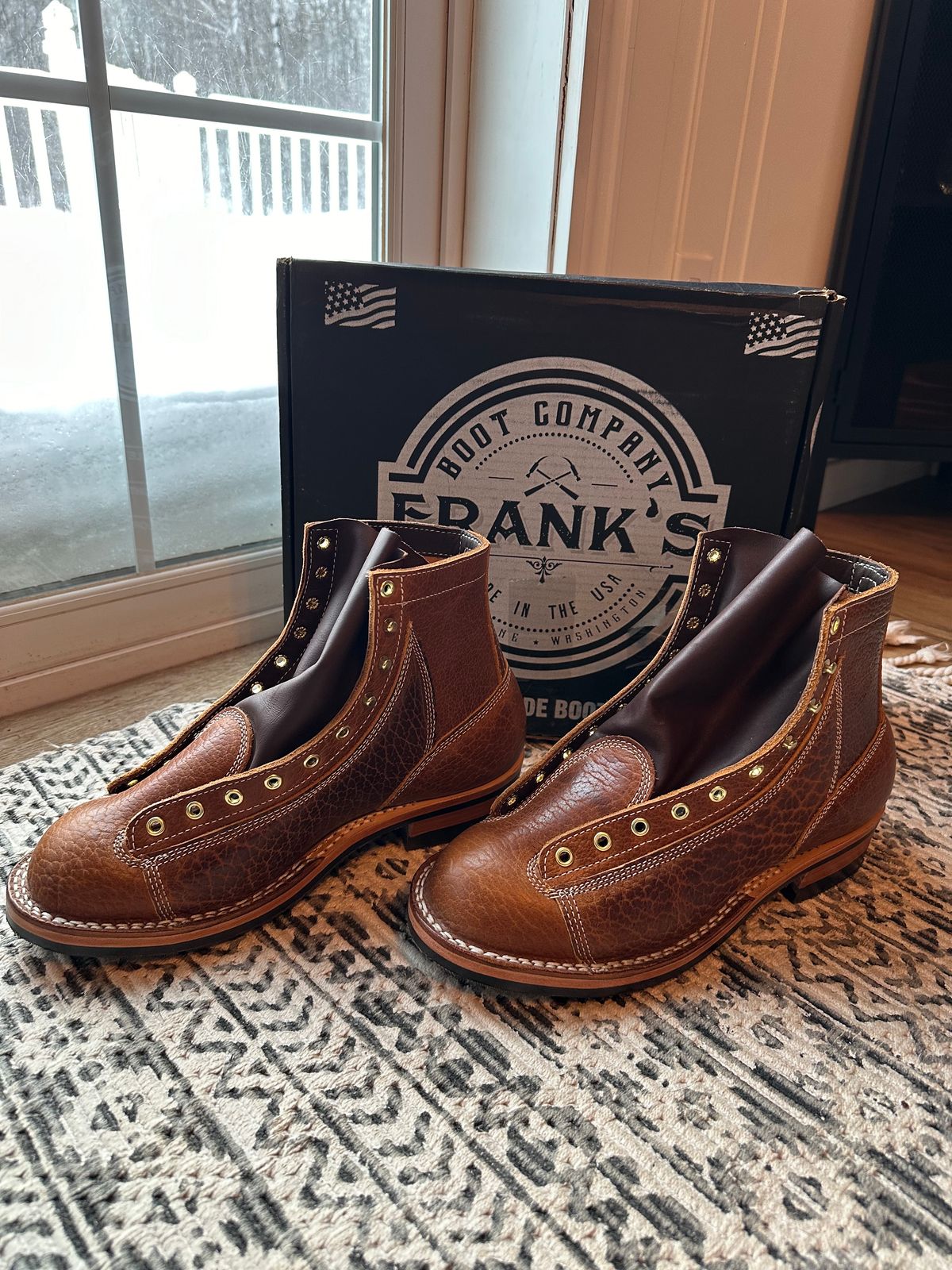 Photo by ds on January 27, 2025 of the Frank's Boots Monkey Boot in Law Tanning Cognac Big Horn Shrunken Bison.