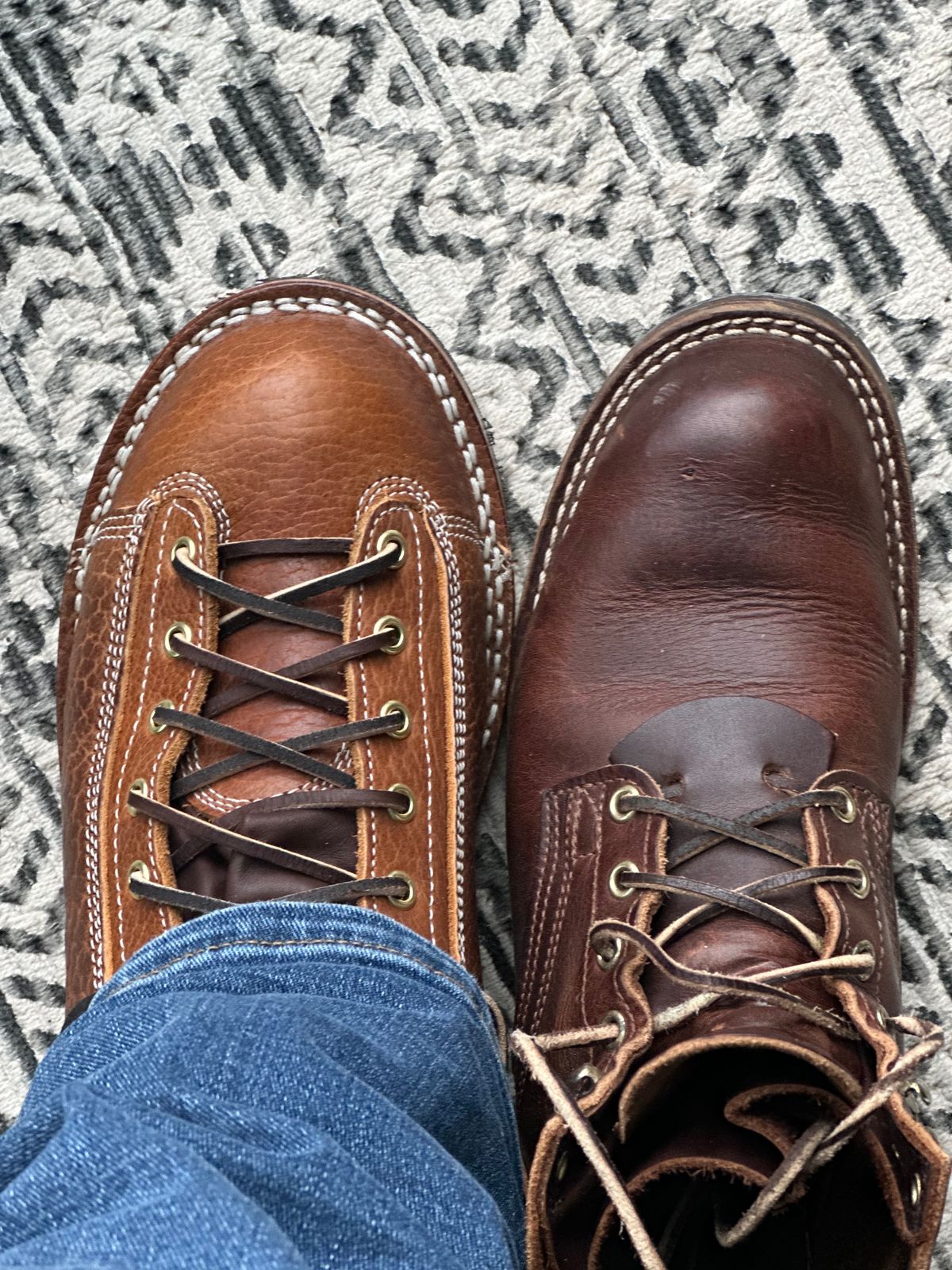 Photo by ds on January 28, 2025 of the Frank's Boots Monkey Boot in Law Tanning Cognac Big Horn Shrunken Bison.
