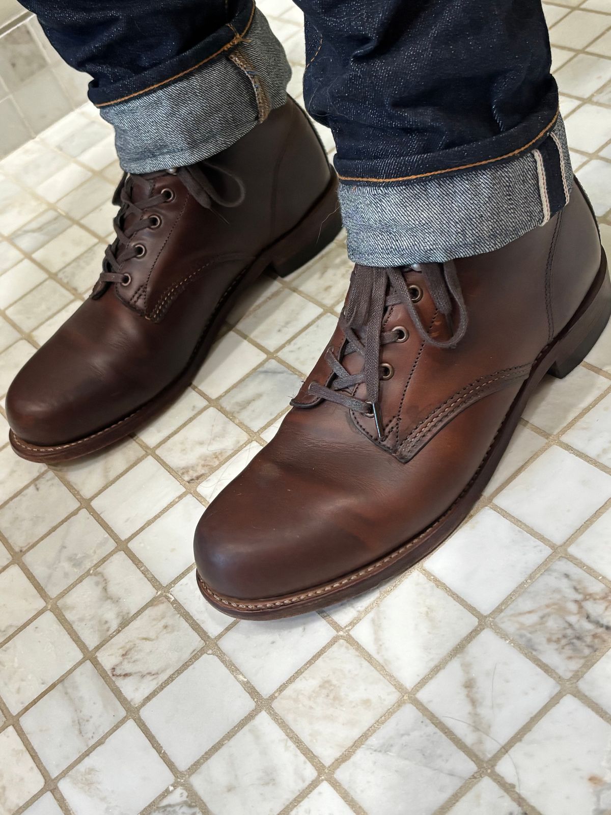 Photo by Sober_And_Faded on June 6, 2026 of the Wolverine 1000 Mile Plain-Toe Boot in Horween Brown Chromexcel.