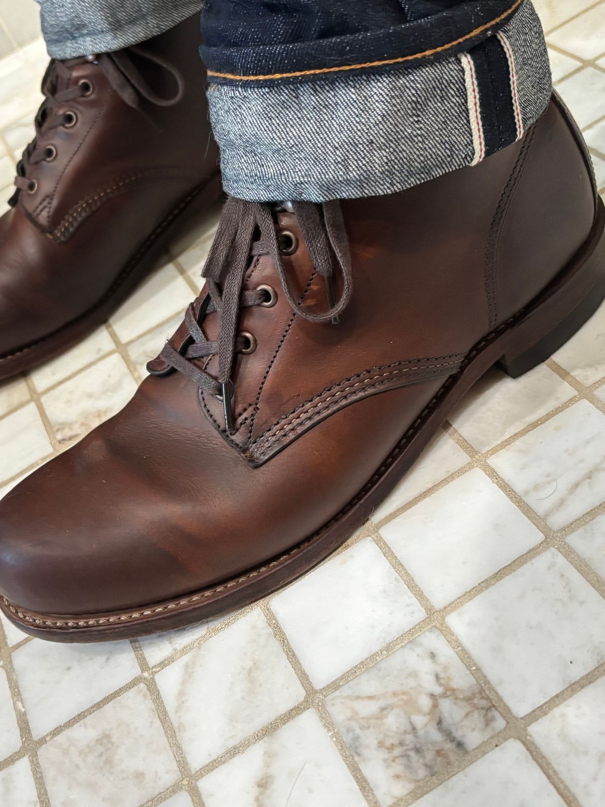 Photo by Sober_And_Faded on June 6, 2026 of the Wolverine 1000 Mile Plain-Toe Boot in Horween Brown Chromexcel.