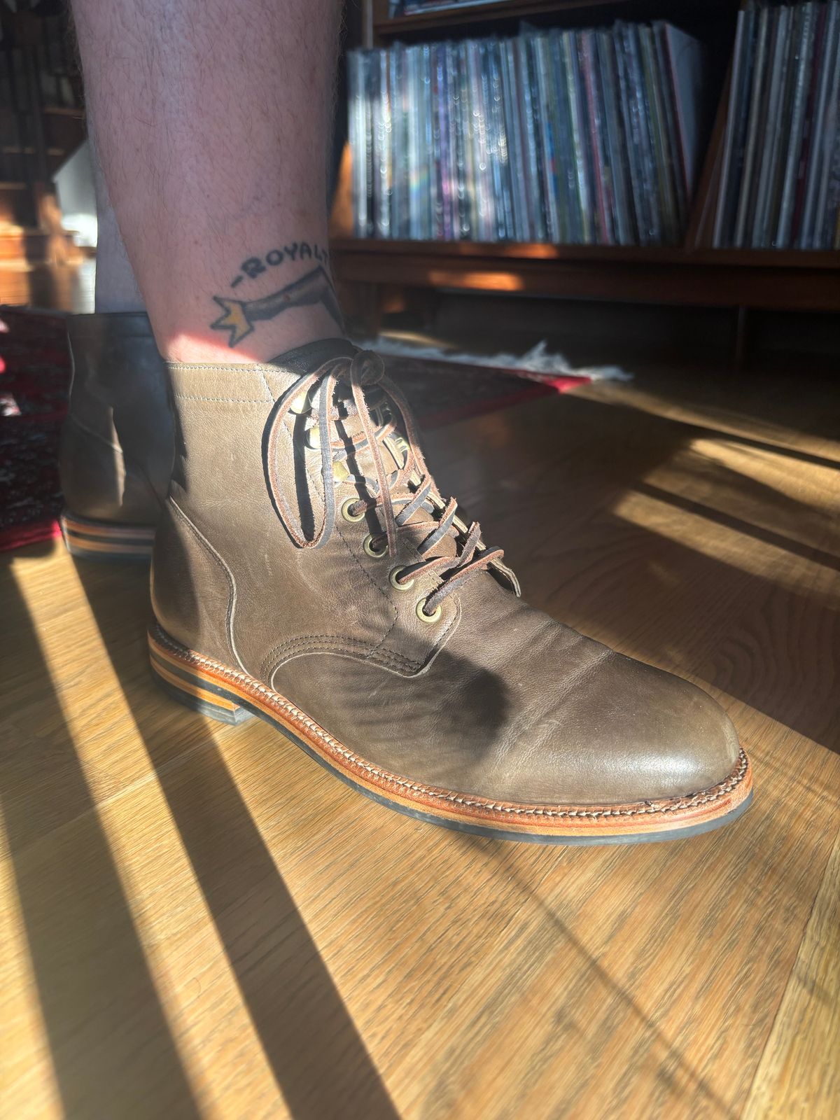 Photo by Sober_And_Faded on August 9, 2025 of the Grant Stone Diesel Boot in Incas Jungle Kangaroo.